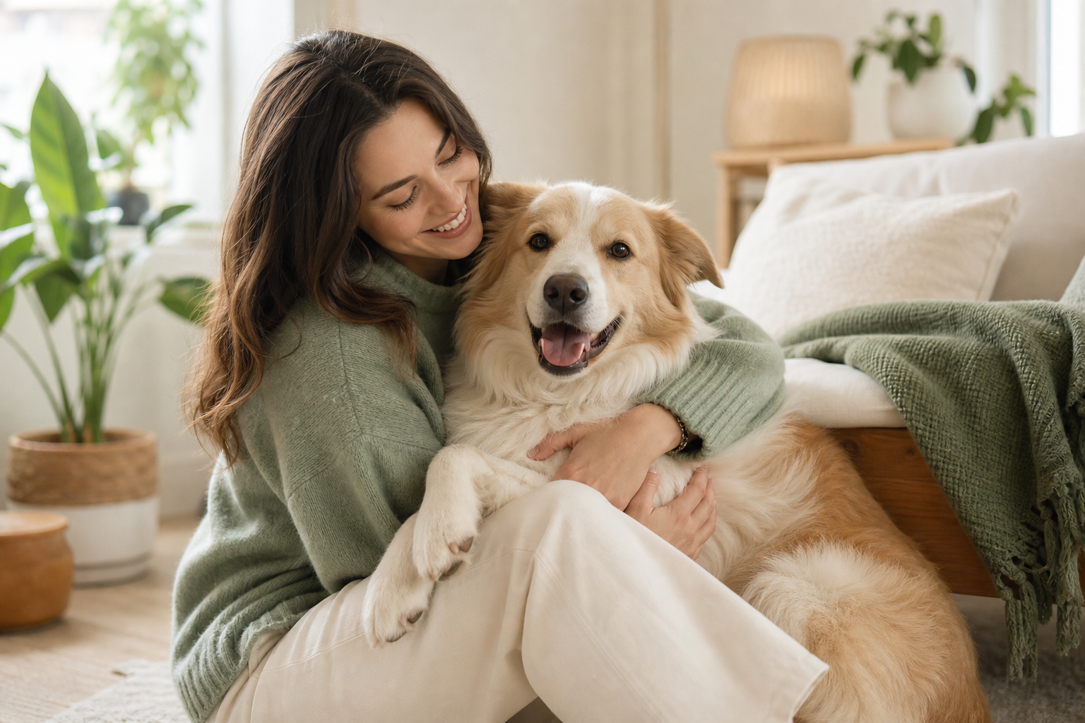 A pet parent grooming a happy dog at home